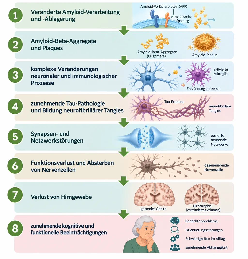 Grafik: Entstehung von Alzheimer im Gehirn – von Amyloid-Plaques und Tau-Tangles über Entzündung bis zum Verlust von Nervenzellen