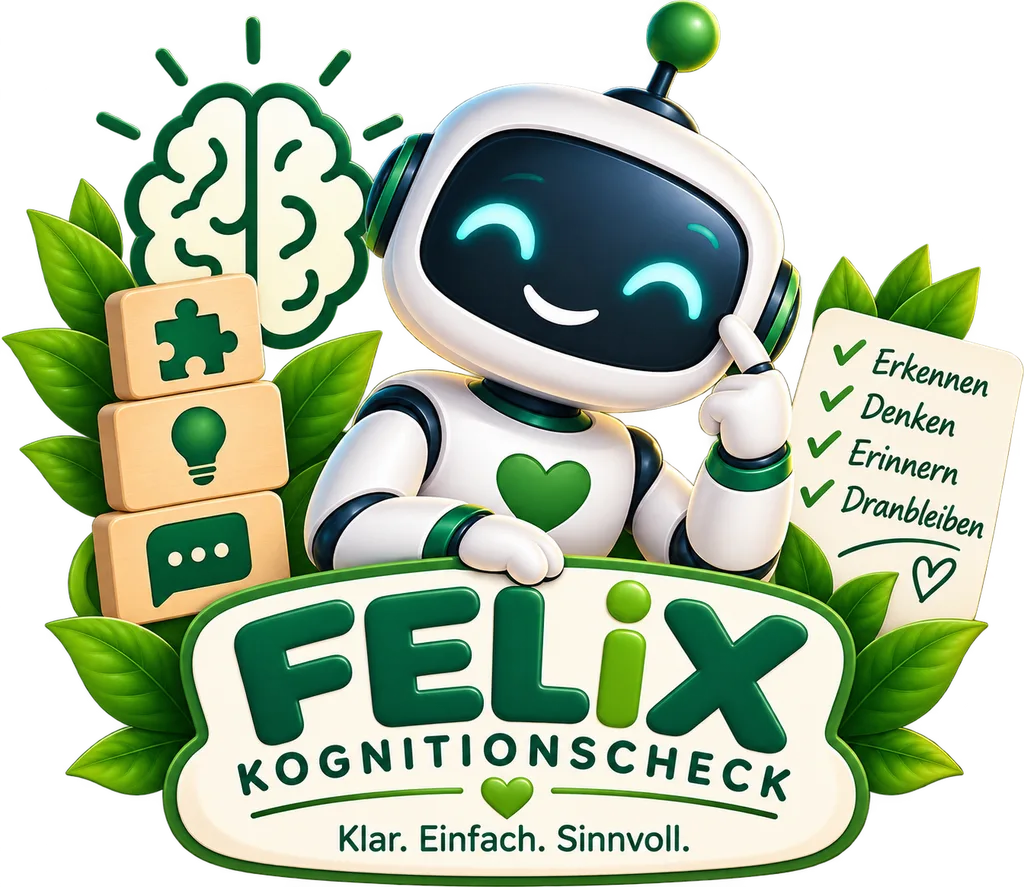 FELiX Maskottchen-Roboter mit Gehirn-Symbol und Checkliste zum FELiX Kognitionscheck