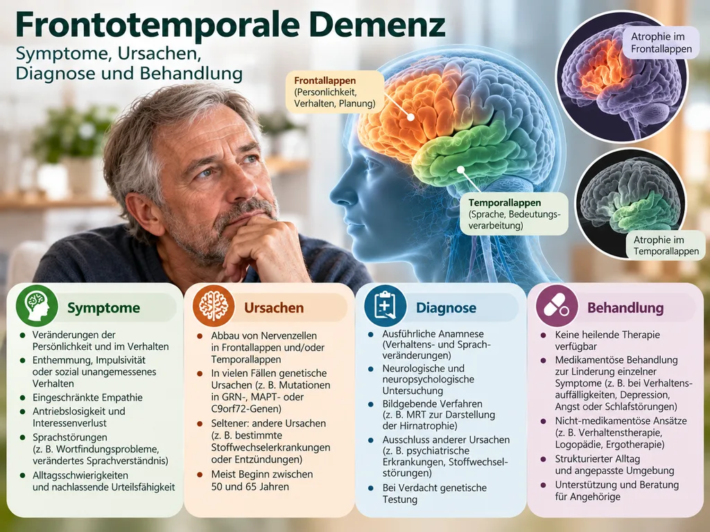 Infografik zu frontotemporaler Demenz mit Gehirndarstellung sowie Symptomen, Ursachen, Diagnose und Behandlung