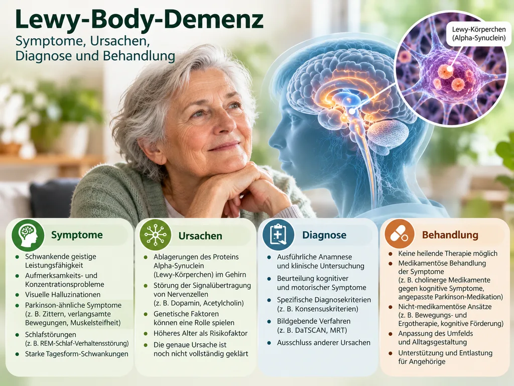 Lewy-Body-Demenz: ältere Frau, Gehirn-Illustration sowie Infografik zu Symptomen, Ursachen, Diagnose und Behandlung