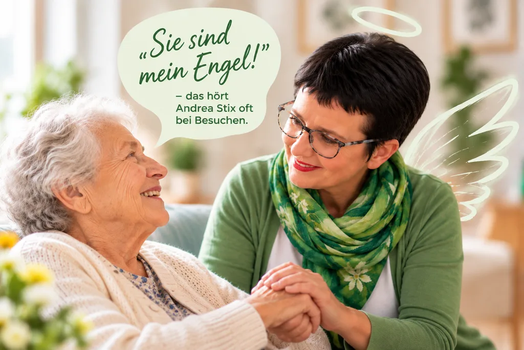 Andrea Stix hält lächelnd die Hände einer älteren Frau, Sprechblase „Sie sind mein Engel!