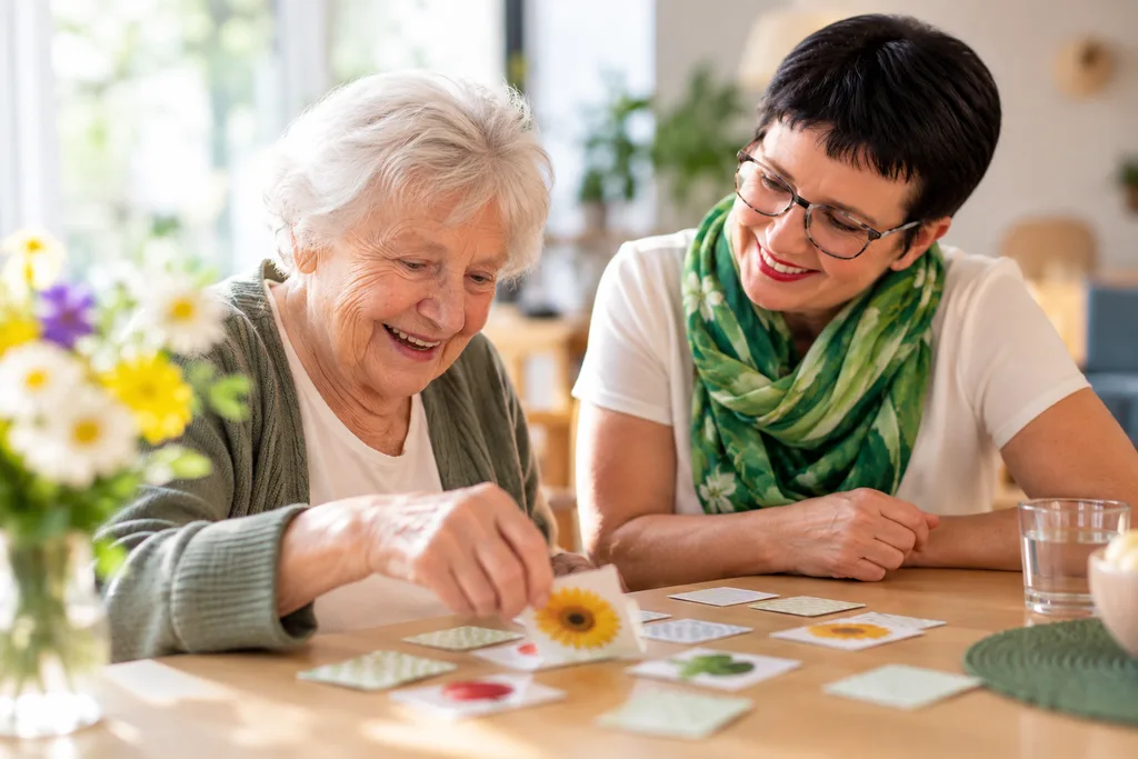 Ältere Frau und Andrea Stix lächeln gemeinsam über ein Kartenspiel mit Blumenmotiven am Tisch