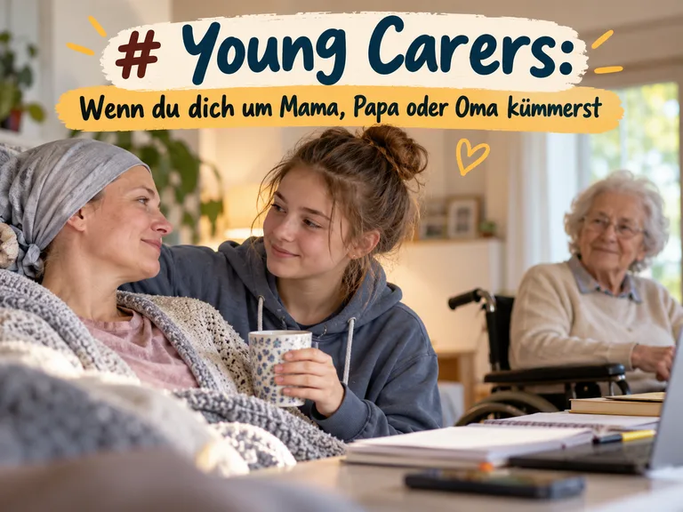 Jugendliche kümmert sich lächelnd um ihre Mutter, im Hintergrund eine ältere Frau im Rollstuhl