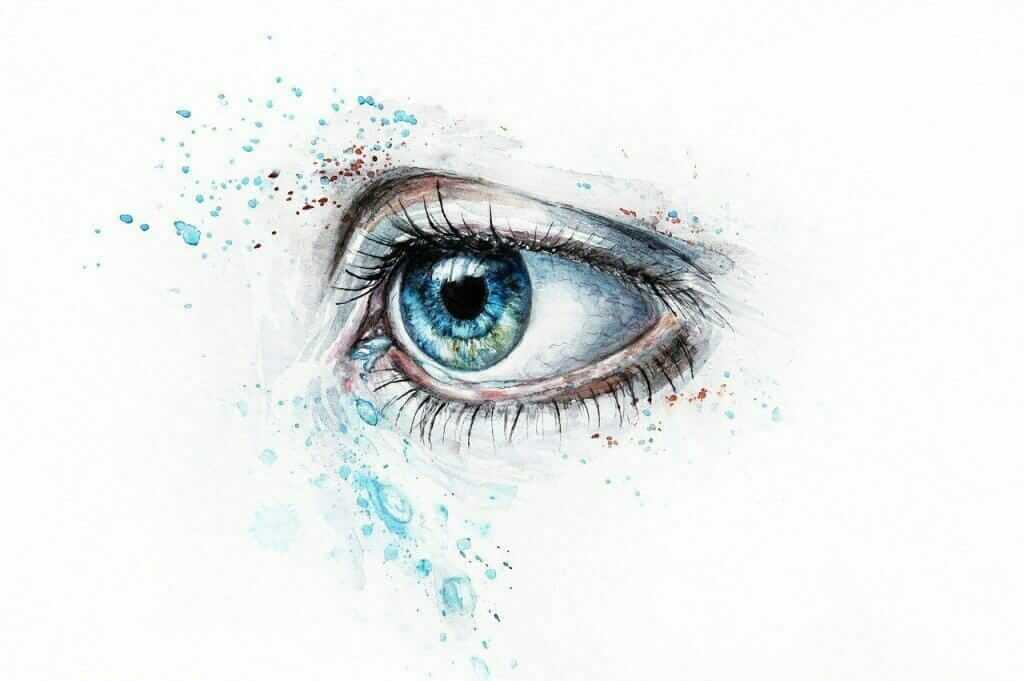 Aquarellmalerei eines blauen Auges mit tropfenartigen Farbspritzern in Blau und Rot