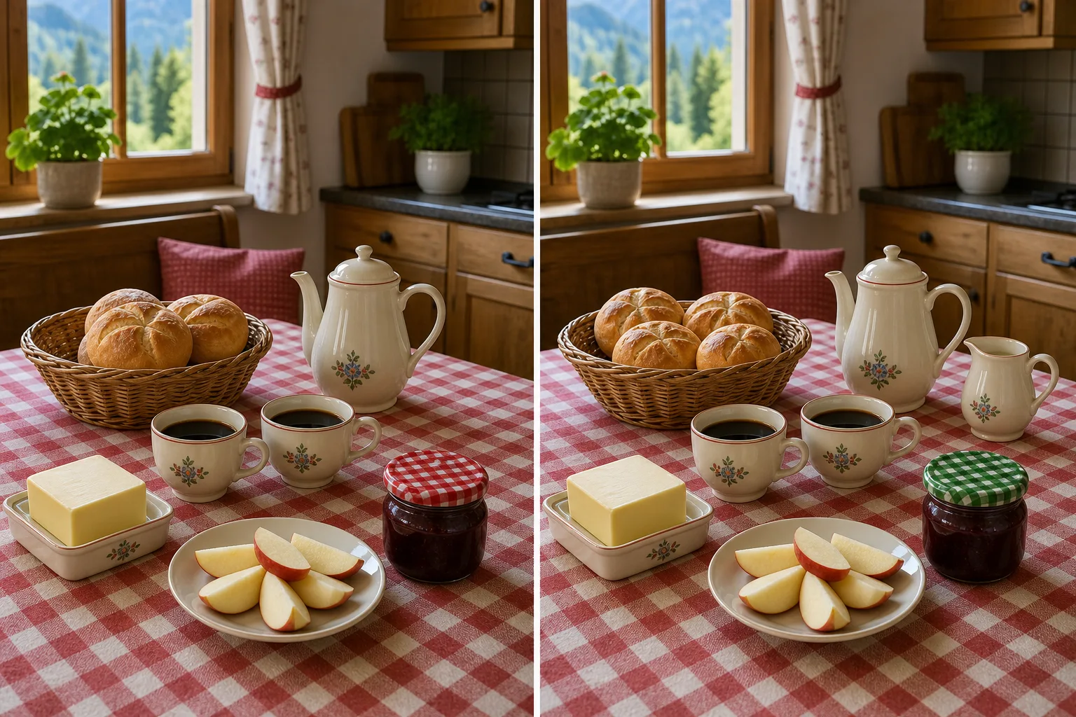 Bildvergleich zum Thema Essen & Trinken: zwei fast gleiche Bilder nebeneinander, in denen Unterschiede gesucht werden
