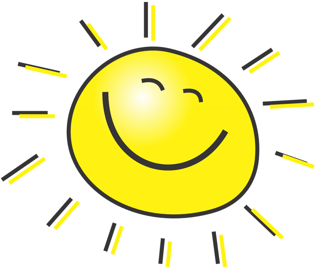 Gezeichnete lachende gelbe Sonne mit Strahlen als Symbol für Lachen trotz Demenz